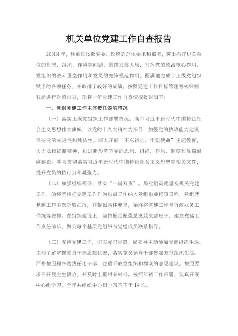 机关单位党建工作自查报告word模板