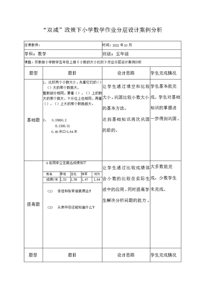 “双减”政策下苏教版小学数学五年级上册《小数的大小比较》作业分层设计案例分析