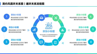 蓝色简约风6项圆环总分关系图PPT