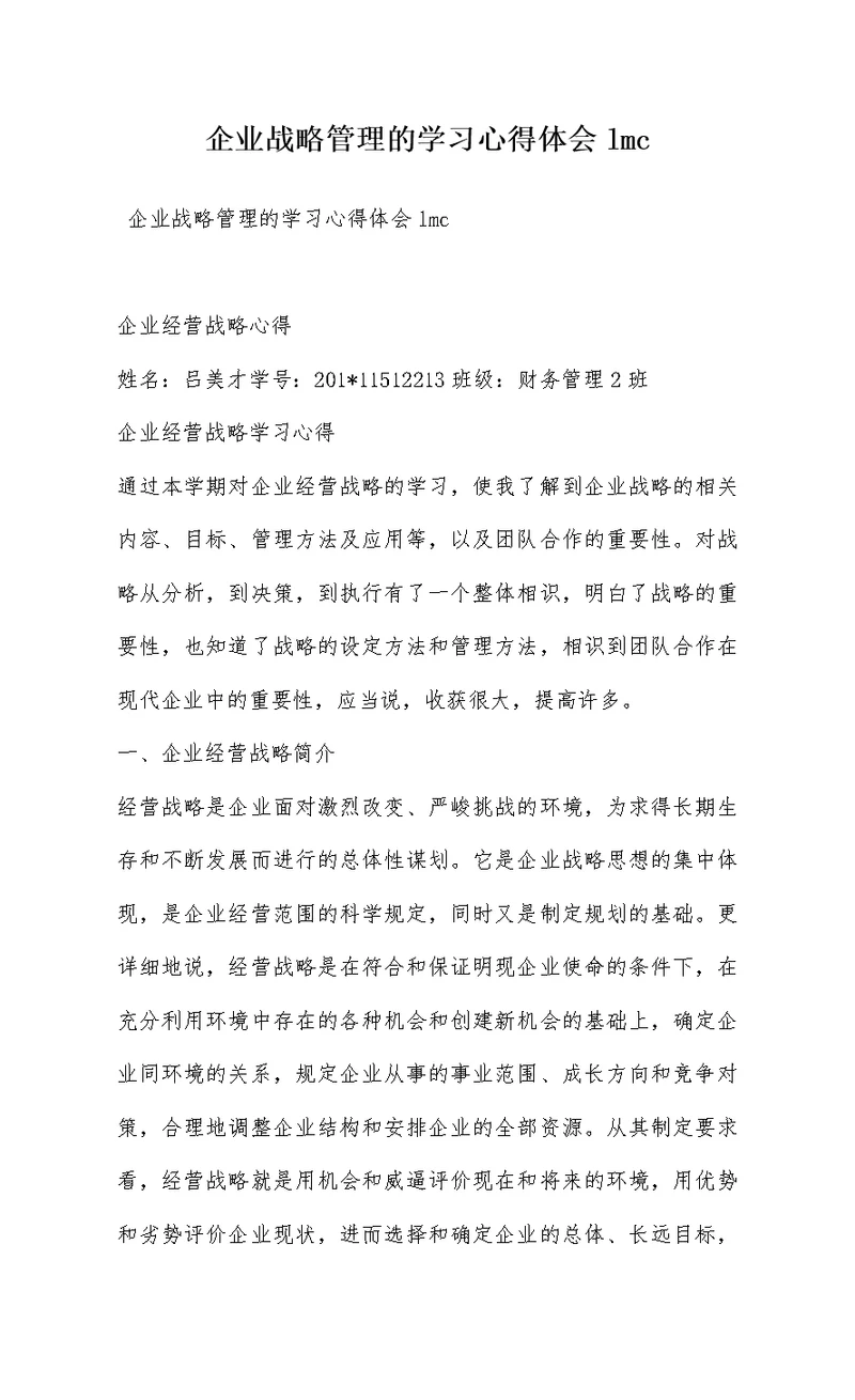 企业战略管理的学习心得体会lmc