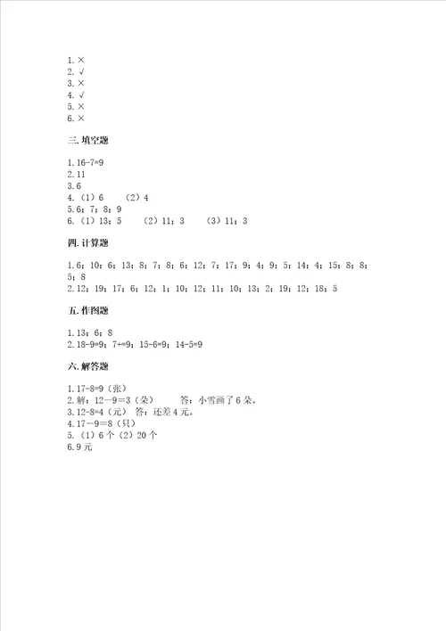 冀教版一年级上册数学第九单元 20以内的减法 测试卷及参考答案精练