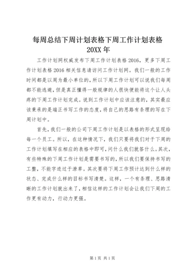 每周总结下周计划表格下周工作计划表格20XX年.docx