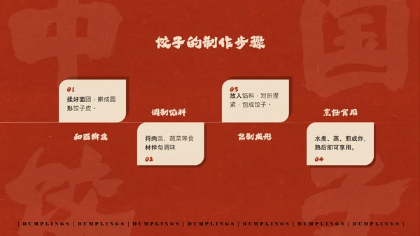 红色手绘简约插画风中国饺子介绍PPT模板