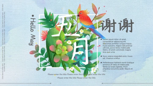 小清新插画花卉五月你好通用PPT模板