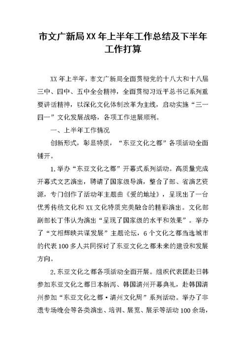 市文广新局XX年上半年工作总结及下半年工作打算