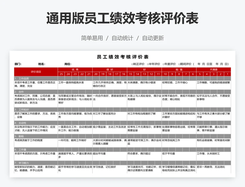 通用版员工绩效考核评价表