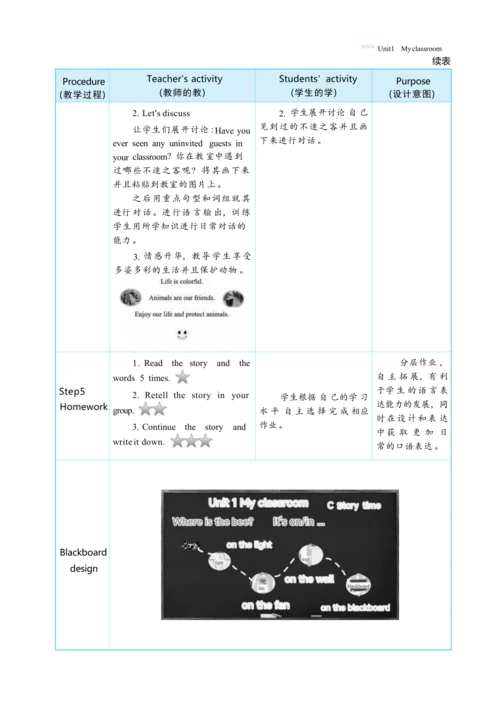 Unit 1 My classroom Part C Story time大单元整体教学设计(表格式