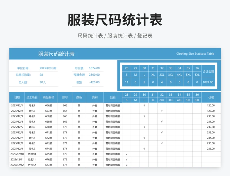 服装尺码统计表