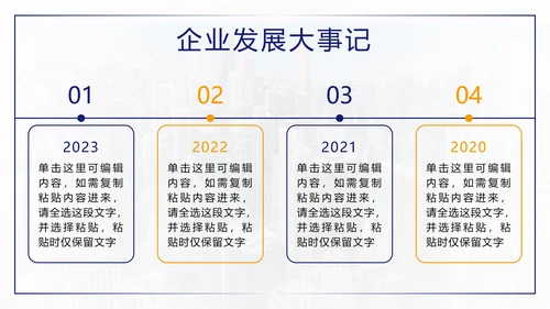 蓝色城市实景时间轴企业发展大事件PPT模板
