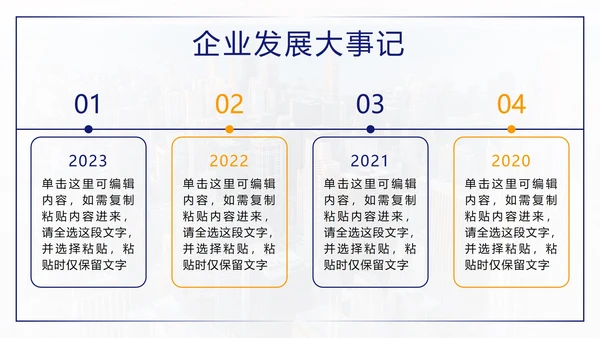 蓝色城市实景时间轴企业发展大事件PPT模板