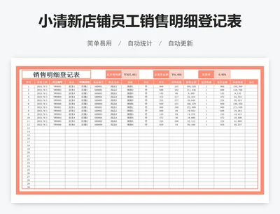 小清新店铺员工销售明细登记表