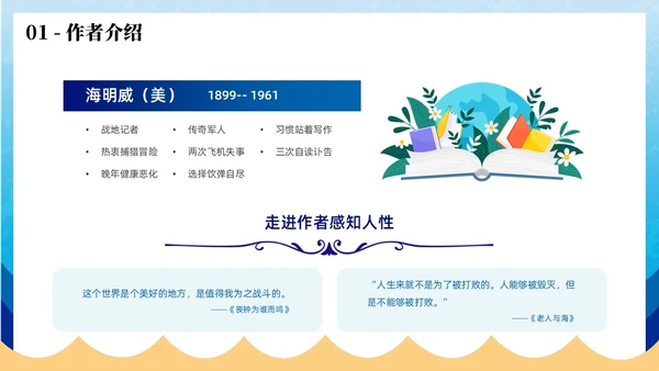 蓝色插画风老人与海读书分享PPT