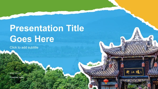蓝色撕纸风都江堰旅游攻略：自然与人文之美PPT主题