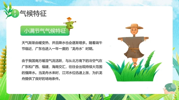 绿色卡通小满节气介绍，稻草人PPT模板
