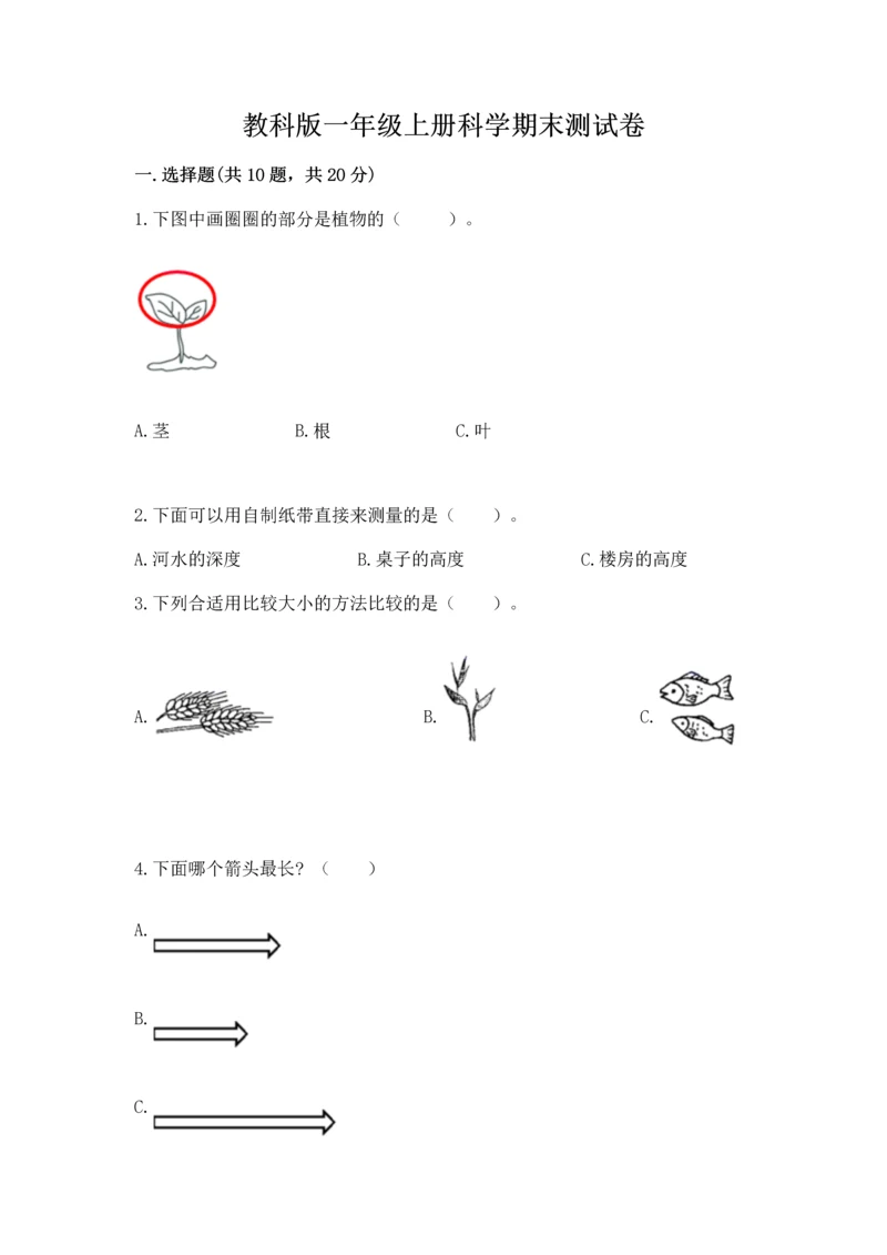 教科版一年级上册科学期末测试卷含完整答案（夺冠系列）.docx