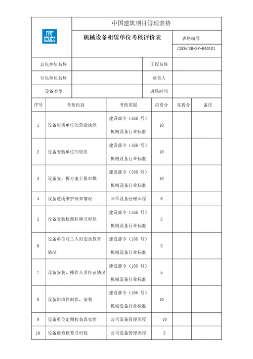 17机械设备租赁单位考核评价表