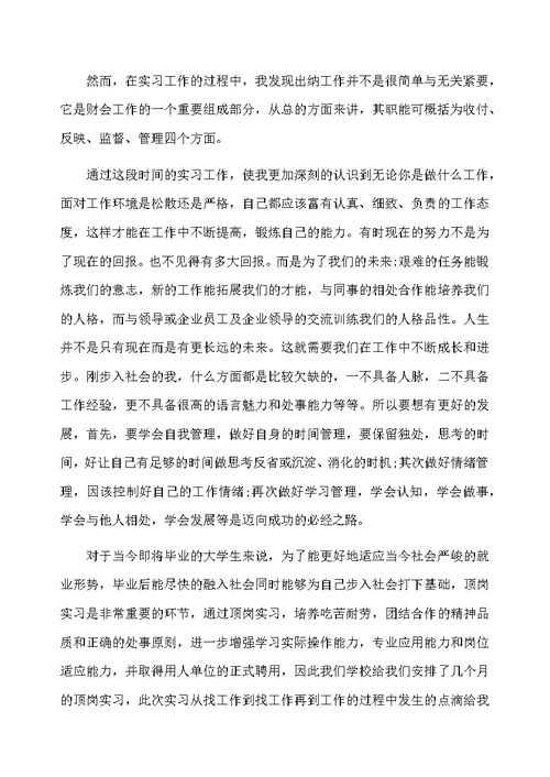 出纳员工个人实习工作总结优秀范文