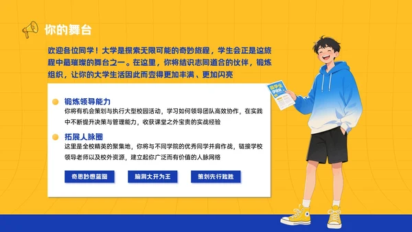 黄蓝色插画风大学生学生会招新宣讲PPT模板