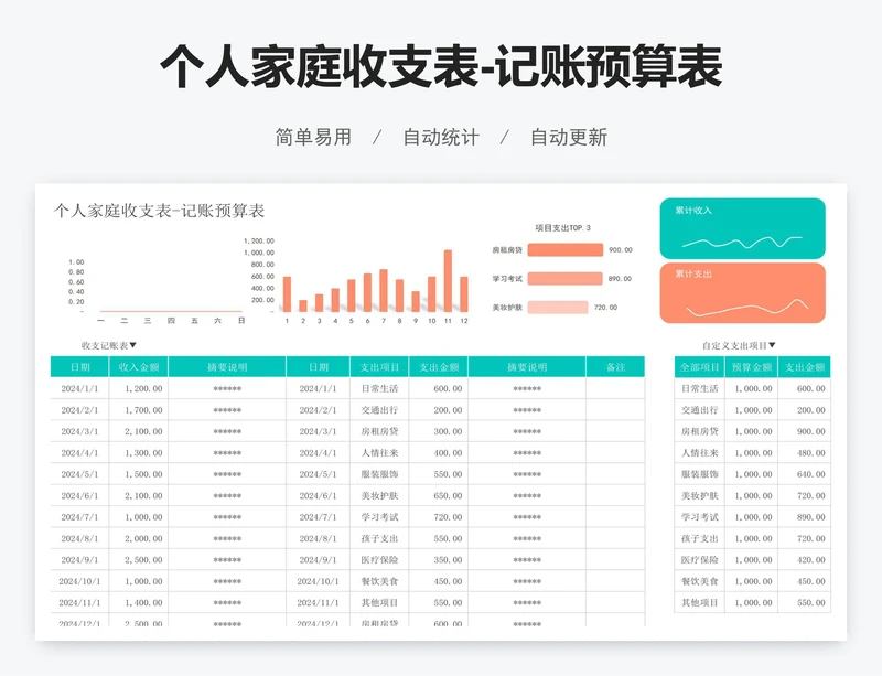 个人家庭收支表-记账预算表