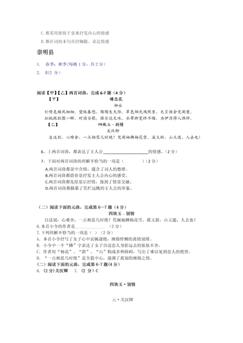 上海中考历年一模二模课内诗词鉴赏汇编四块玉.docx