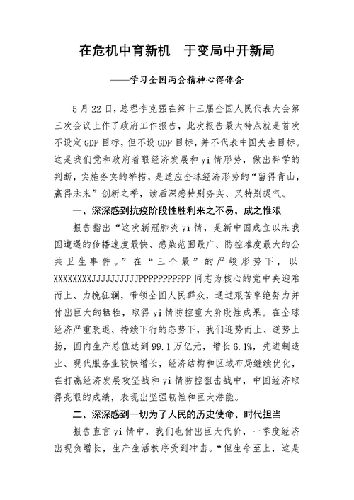 聚焦两会2020年全国两会精神学习心得体会两篇word范文