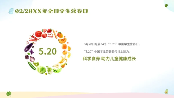 绿色清新卡通儿童全国学生营养日宣传主题班会PPT