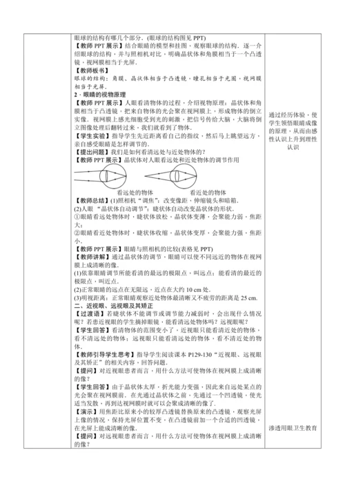 5.4 眼睛和眼镜（教学设计）（表格式）【2024人教新版八上物理高效完全备课】