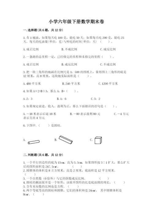 小学六年级下册数学期末卷附完整答案（名校卷）.docx