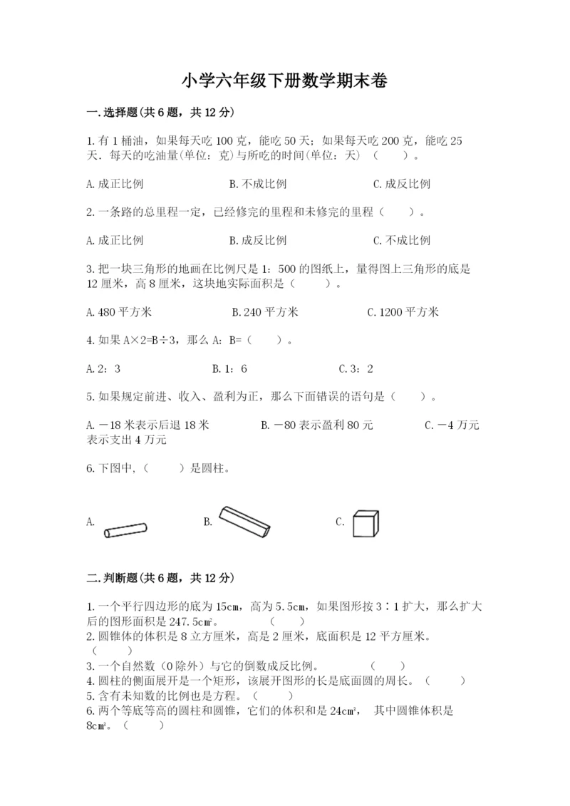 小学六年级下册数学期末卷附完整答案（名校卷）.docx