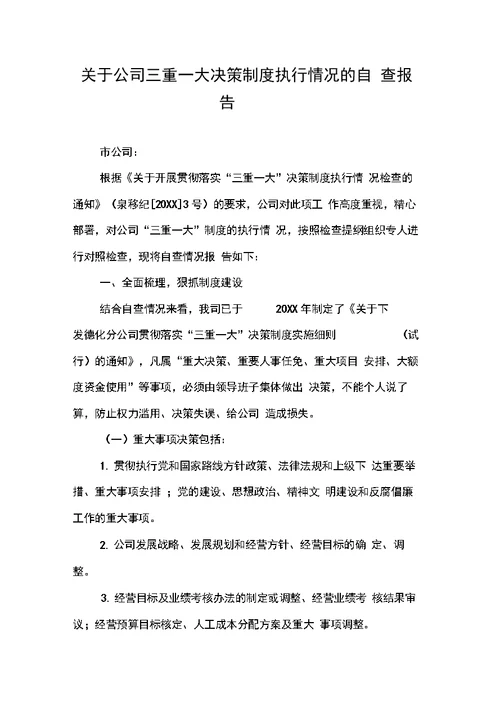 关于公司三重一大决策制度执行情况的自查报告