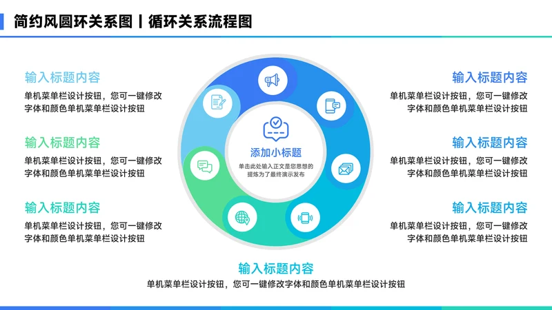 蓝色简约风7项圆环关系图PPT
