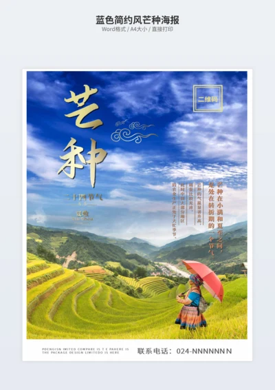 蓝色简约风芒种海报
