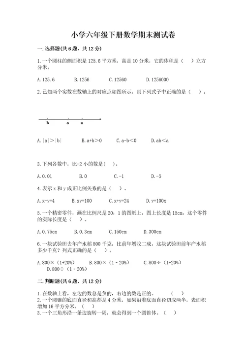 小学六年级下册数学期末测试卷精品网校专用