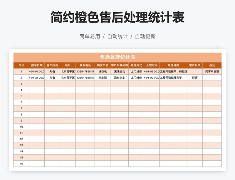 简约橙色售后处理统计表