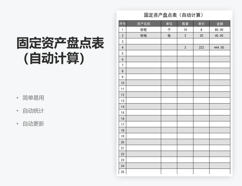 固定资产盘点表（自动计算）