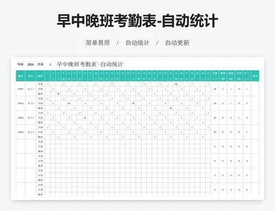 早中晚班考勤表-自动统计