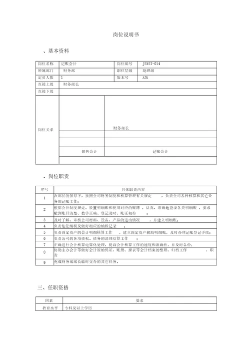 记账会计的岗位说明书