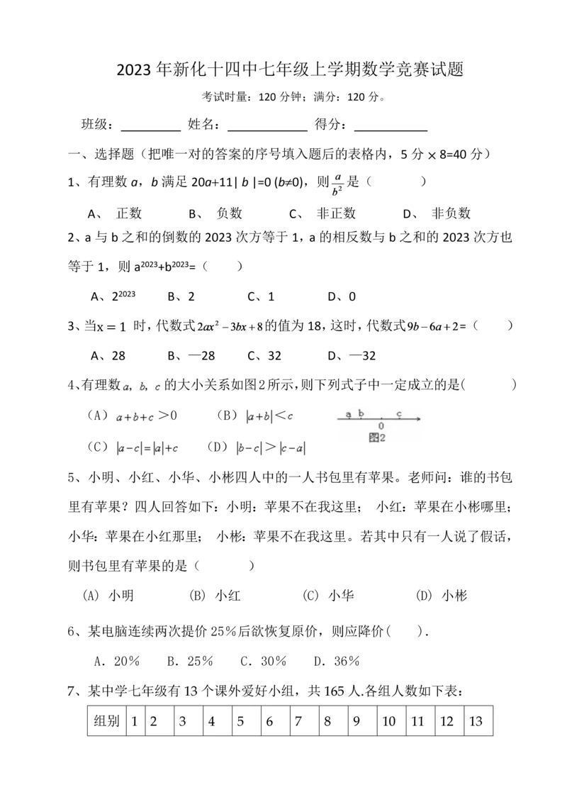2023年七年级上学期数学竞赛试题.docx