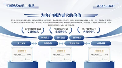 蓝色商务风3项荣誉奖状PPT单页
