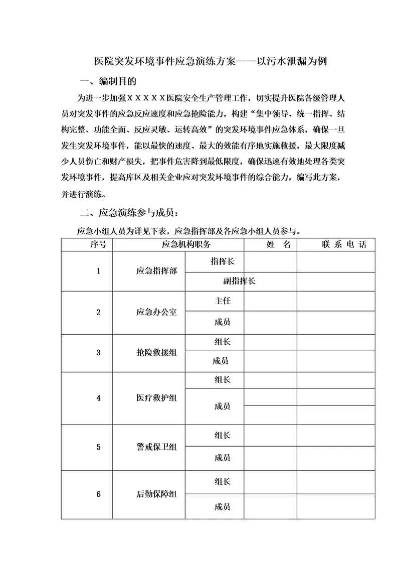 医院突发环境事件应急演练方案以污水泄漏为例