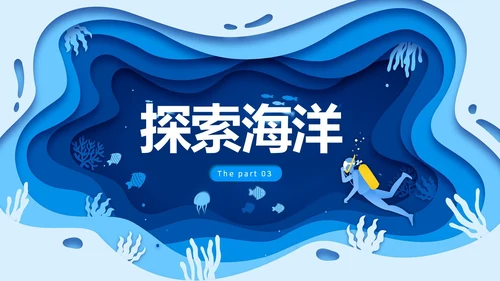 蓝色插画剪纸风海底世界珊瑚鱼探索海洋PPT
