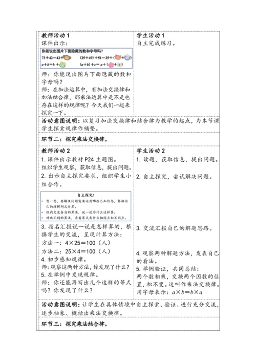 大单元教学【核心素养目标】3.4  乘法交换律和结合律（表格式）教学设计