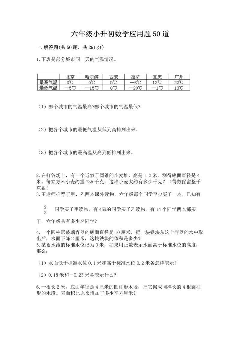 六年级小升初数学应用题50道及参考答案1套.docx