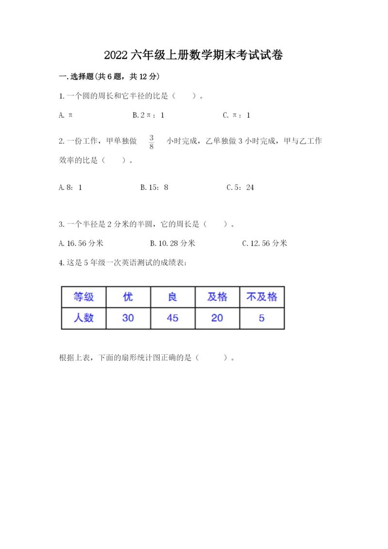 2022六年级上册数学期末考试试卷及答案【各地真题】.docx