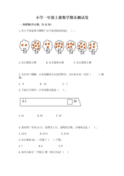 小学一年级上册数学期末测试卷（夺冠系列）wod版