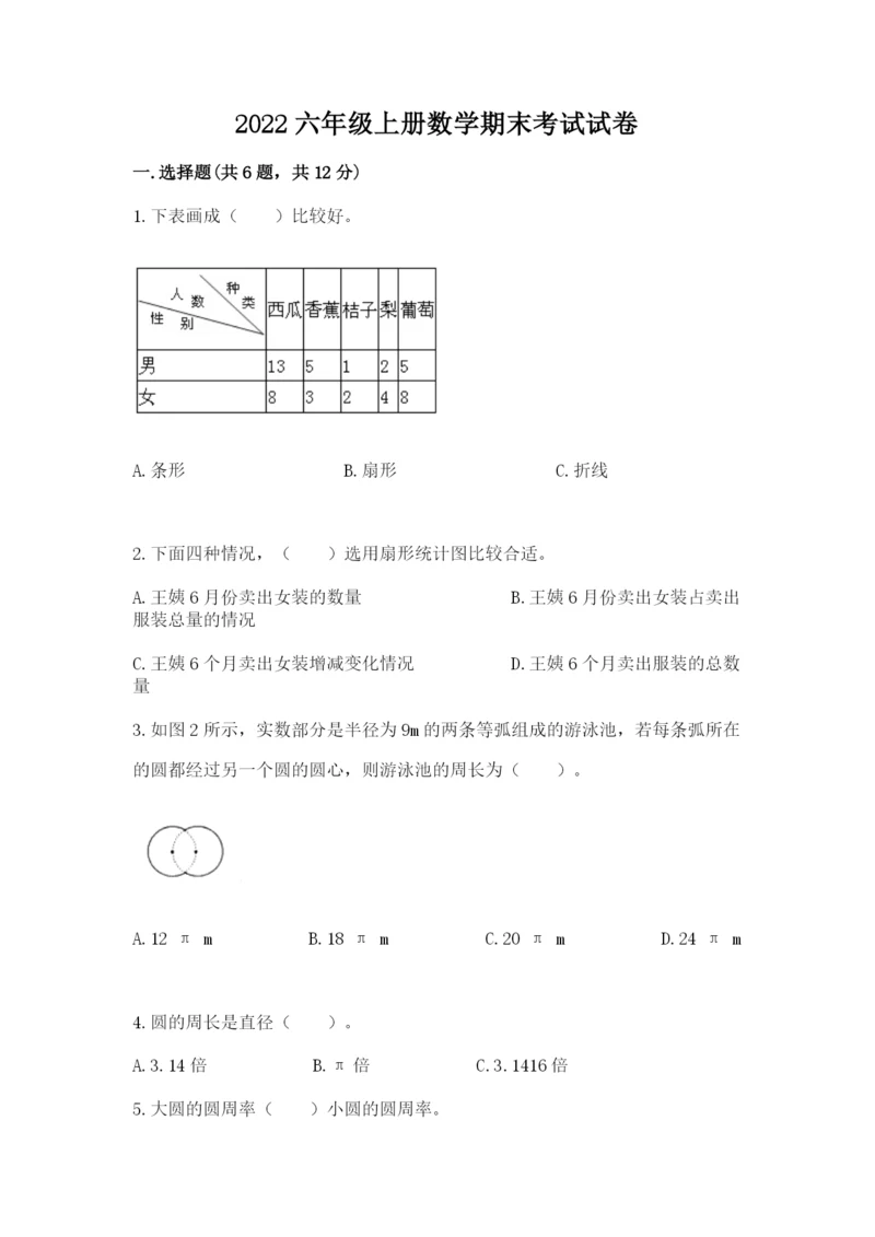 2022六年级上册数学期末考试试卷含完整答案（必刷）.docx