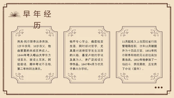 棕色复古列夫托尔斯泰名人介绍PPT模板宣传PPT动态PPT人物介绍
