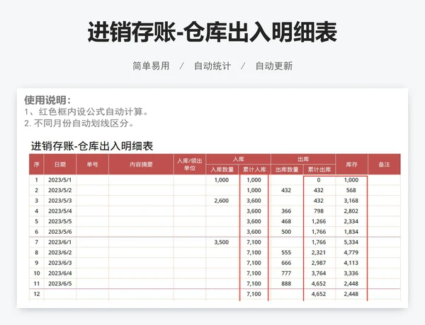 进销存账-仓库出入明细表