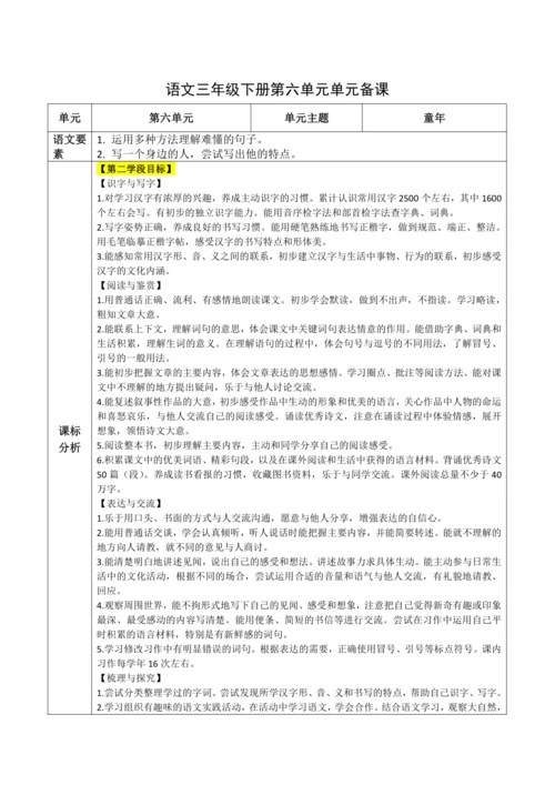 统编版语文三下 第六单元整体备课规划