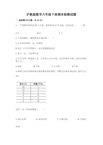 沪教版数学六年级下册期末检测试题【全优】.docx